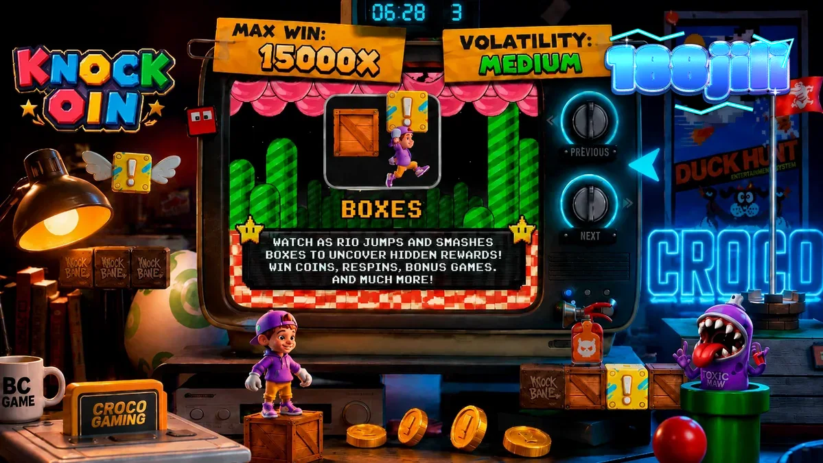 Isang makulay na 8-bit na eksena mula sa slot na KNOCKOIN na nagtatampok kay Rio ang skateboarder.